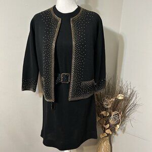 Vtg 50's Palio Wool Knit Cardigan Sweater Dress Belt Set Black Beaded Sz 12 Flaw